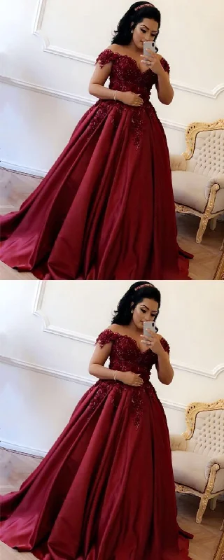 Women's Classic Outfit Romantic Date - Night Ensemble Lace Flower Off The Shoulder Satin Prom Dresses Ball Gowns    cg18464