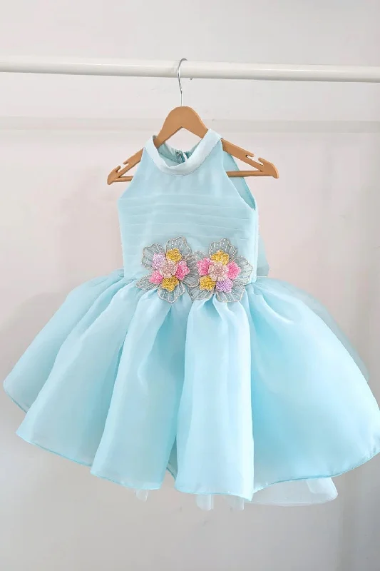 Stylish Women's Garments For Holidays Sophisticated Cut Pre-Order: Blue Halter Neck Satin Organza Dress with 3-d Flowers