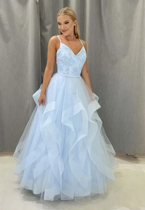 Women's Athleisure Apparel Blue v neck tulle lace prom gown formal dress  cg8616