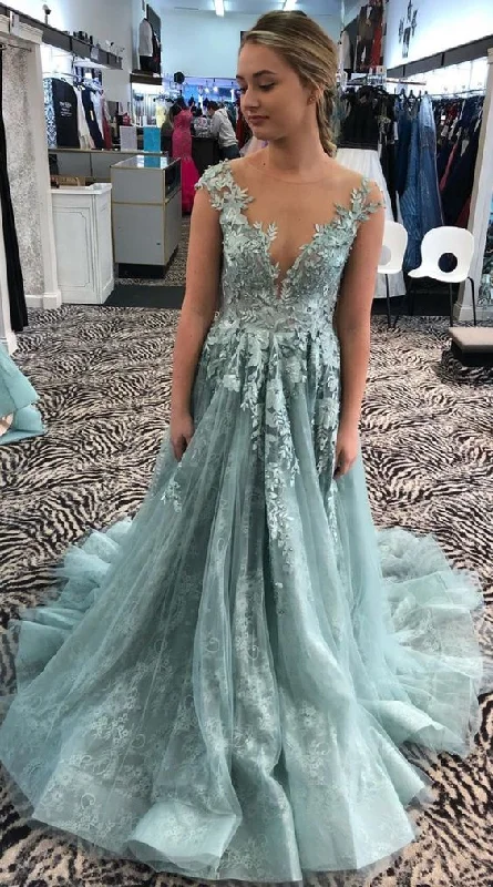 Women's Everyday Apparel Illusion Neckine Prom Dresses Lace Appliques Formal Dresses Long Evening Gowns   g8751