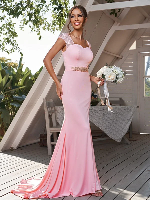 Women's Trendy Casual Outfit Vintage Retro Party Wear Sheath/Column Jersey Rhinestone Square Sleeveless Sweep/Brush Train Bridesmaid Dresses