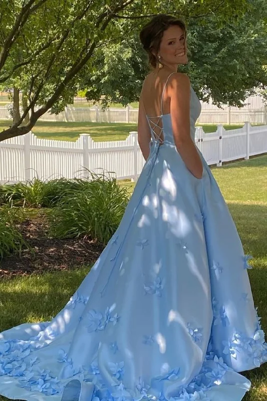 Comfortable Women's Apparel Classic Timeless Elegant Style Elegant V-Neck Light Blue Satin Prom Dress with Flowers   cg15872