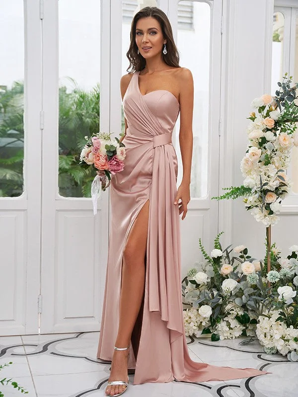 Women's Comfortable Lounge Garments Elevated Style Sheath/Column Ruched One-Shoulder Sleeveless Floor-Length Bridesmaid Dresses