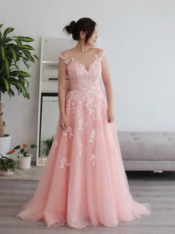 Women's Casual Garments Elegant Details Cap Sleeves A-line Pink Lace Tulle Wedding Dresses, Bridal Gown