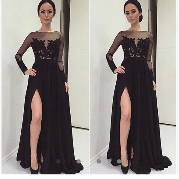 Women's Plus-Size Outfit Soft Textures Stylish Long Sleeves Black Prom Dresses Illusion Long Party Evening Gown Lace with Sexy Slit LP6605