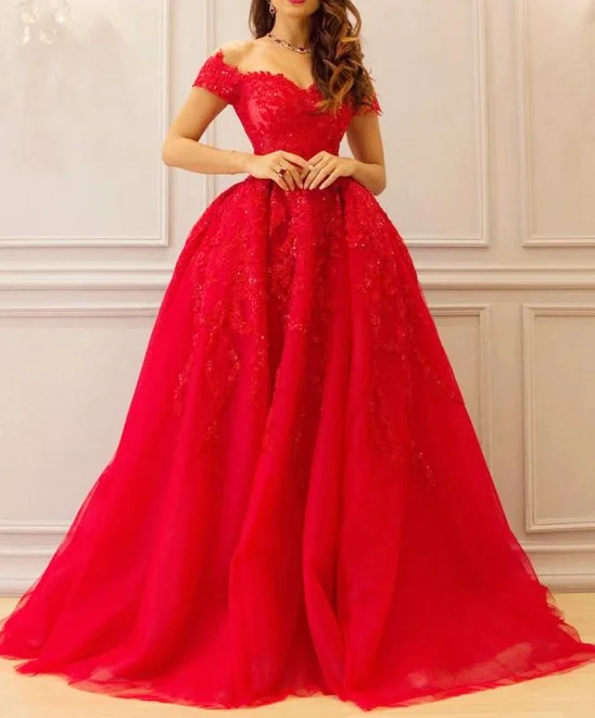 Women's Clothing And Garments Sets long red tulle prom dresses lace embroidery evening gowns off shoulder cg4502