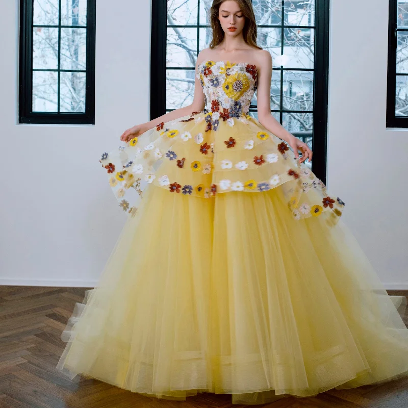 Women's Plus-Size Clothes Mother's Day Special Ball Gown Yellow Wedding Dress with Colored Flowers