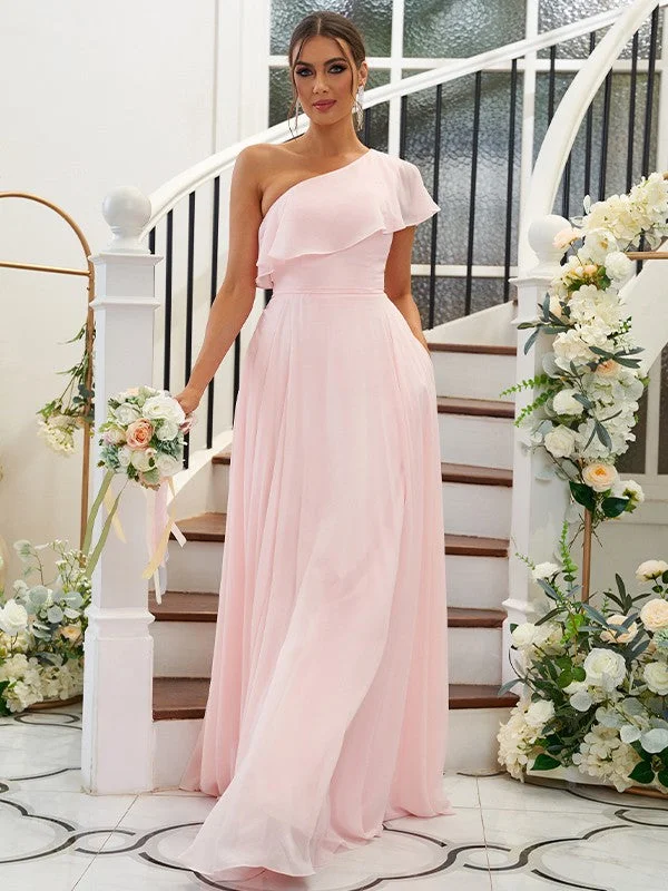 Plus-Size Women's Garments Urban Sophistication A-Line/Princess Chiffon Ruffles One-Shoulder Sleeveless Floor-Length Bridesmaid Dresses