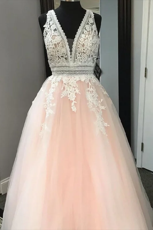 Classic Women's Clothing Styles A-line Pink and White Lace Long Prom Gown  cg7015