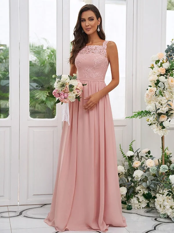 Women's Stylish Casual Garments Graceful Drape A-Line/Princess Chiffon Applique Square Sleeveless Floor-Length Bridesmaid Dresses