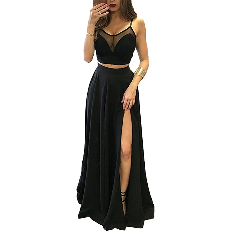 Modern Women's Apparel Disco - Inspired Retro Dance Look Sexy Crop Top Black Prom Dress Spaghetti Straps Long Evening Party Gown Two Pieces Vestido De Festa