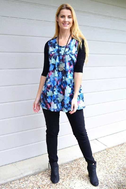 Women's Apparel Dreamy Draping Blue Maple Leaf Sleeveless Fleece Tunic Top