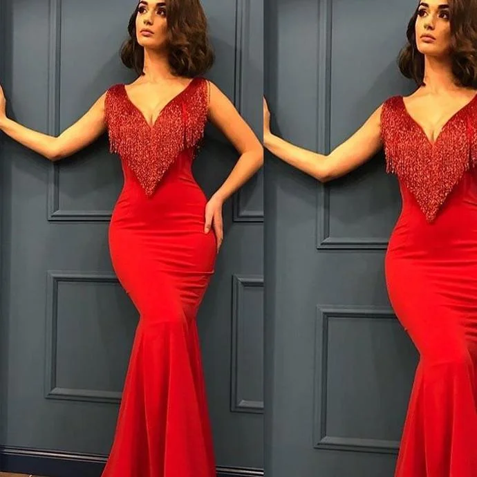 Women's Fashion Clothes Contemporary Elegance red prom dresses 2020 tassel mermaid satin deep v neck beading red evening dresses formal dress   cg13646