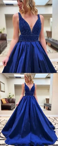 Casual Outfit For Women Polished Finish V-neck Royal Blue Beading Bodice Satin Prom Dress with Pockets   cg10151