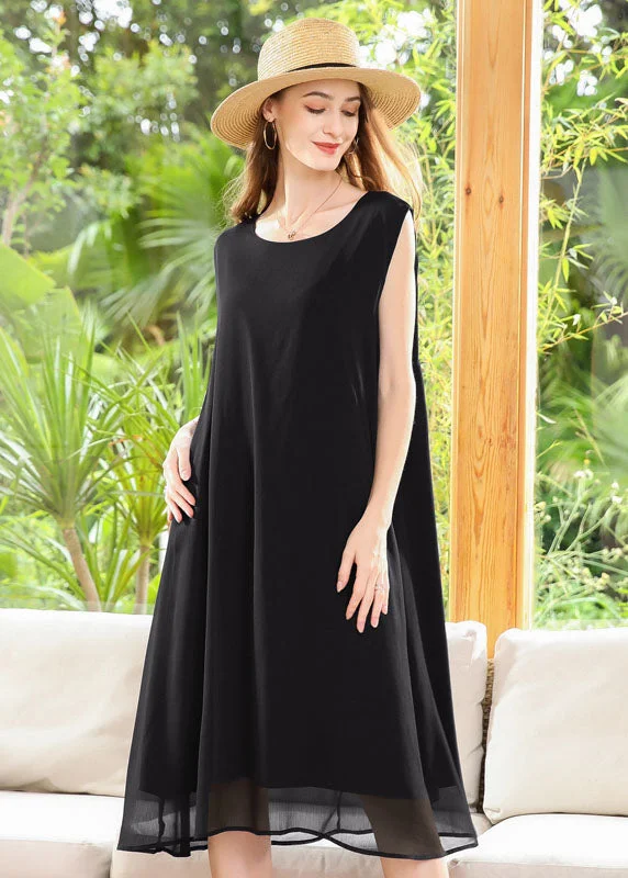 Chic Clothing For Women Feminine Soft - Hued Styles Black Chiffon A Line Dresses Oversized Draping Sleeveless