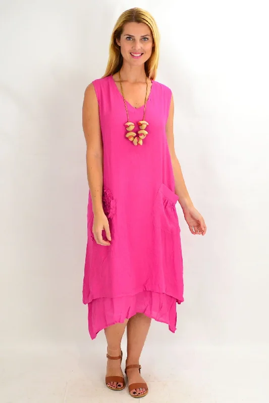 Women's High-Fashion Apparel Early Access to Art Deco Styles Sale Fuchsia Applique Sleeveless Tunic Dress