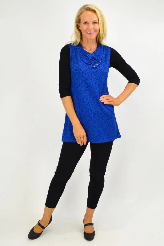 Women's Comfortable Lounge Garments Playful Elegance Cobalt Blue Rose Sleeveless Tunic Top