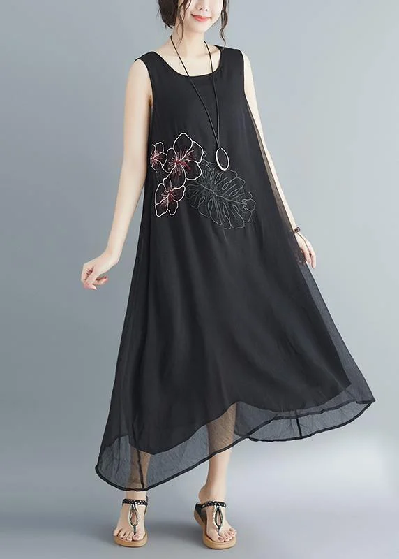 Charming Women's Clothes For Special Events Luxury Comfort Women Sleeveless embroidery cotton blended dresses Boho Runway black long Dress Summer