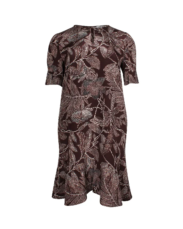 Women's Night-Out Outfit Hollywood Glam Award - Show Style Chloe Flared Skirt Floral Dress in Brown Silk