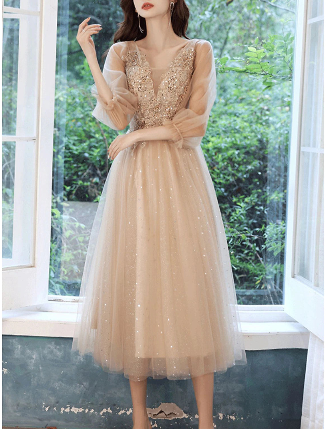 Casual Chic Women's Clothes Final Clearance A-Line Bridesmaid Dress V Neck Long Sleeve Elegant Tea Length Lace / Tulle with Beading / Appliques