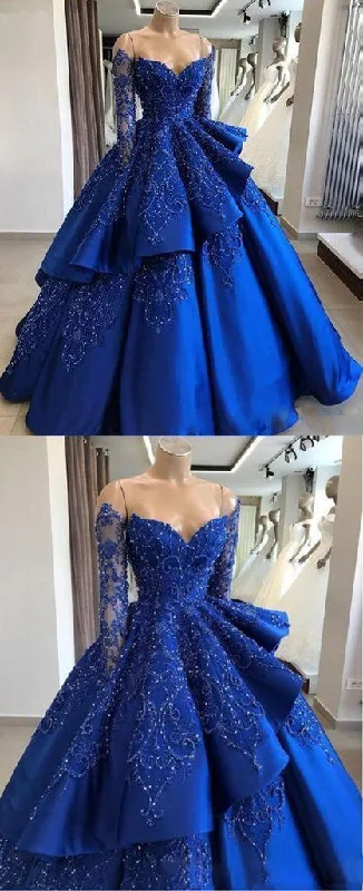 Charming Women's Clothes For Special Events Modern Romance Delicate Sparkly Beading Ball Gown Satin Royal Blue Prom Dress with Sleeves Quinceanera Dress   cg14627