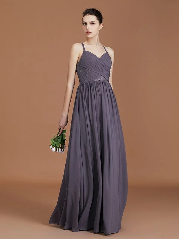 Women's Night-Out Clothes Statement Piece A-Line/Princess Lace Spaghetti Straps Sleeveless Floor-Length Chiffon Bridesmaid Dress