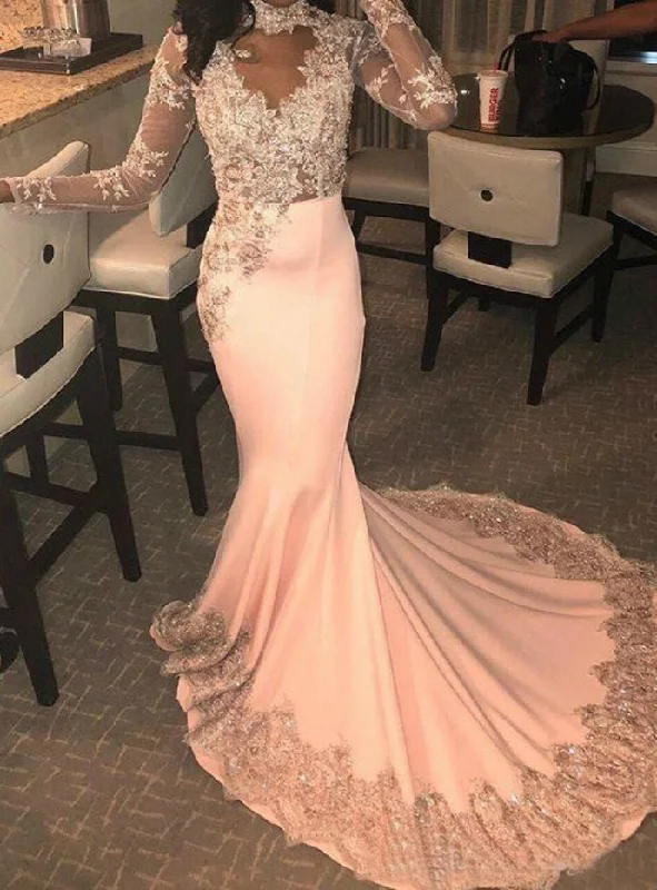 Women's Seasonal Attire Now on Sale for Chic Urban Styles Pink Mermaid Satin Long Sleeve High Neck Appliques Prom Dress   cg17673