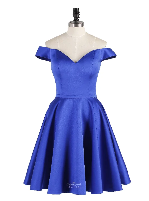 Women's Resort Attire Minimalist Chic A-line Royal Blue Off-Shoulder Sweetheart Satin Short Prom Party Dress OP164