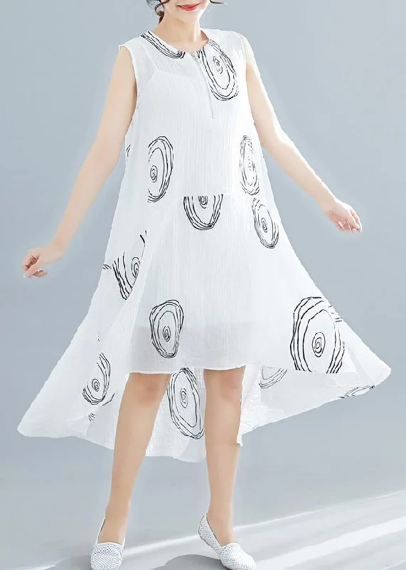 Elegant Clothing For Women Final Clearance Women white print linen cotton clothes For Women sleeveless low high design shift summer Dress