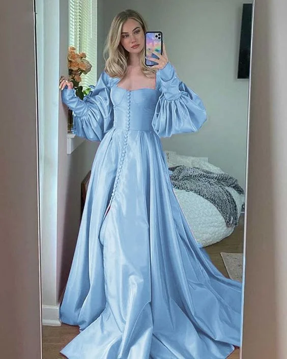 Women's Clothes And Garments Modern Romance Princess A Line Satin Baby Blue /Pink Bishop Sleeves Prom Party Dresses with Slit Formal Gowns Buttons   cg16369