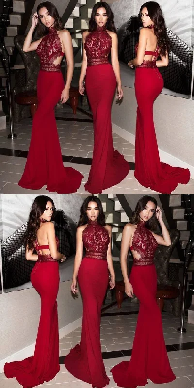 Women's Party Clothes Soft Textures Mermaid High Neck Sweep Train Red Stretch Satin Prom Dress with Lace    cg14770