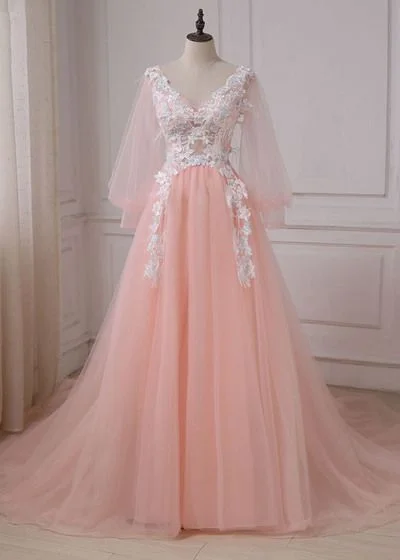 Women's Evening Wear Attire Charming Prom Dress,Tulle Prom Dress,Appliques Prom Dress,Long-Sleeves Ball Gown  cg5402