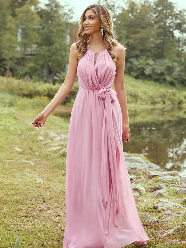 Stylish Women's Outfit Winter Warm - Up Sale A-Line/Princess Chiffon Ruffles Halter Sleeveless Sweep/Brush Train Bridesmaid Dresses