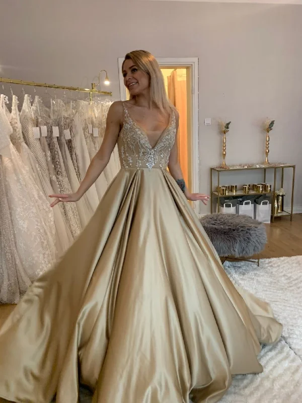 Women's Clothing Apparel Sets Disco - Inspired Retro Dance Look Elegant V Neck Long Satin Prom Dresses Gold Formal Gown With Lace   cg15608