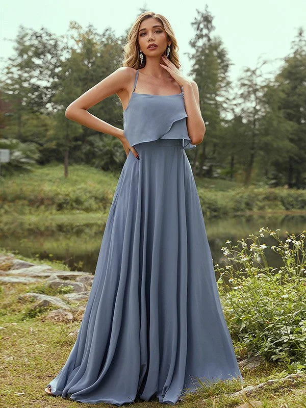 Women's Seasonal Attire Flash Sale A-Line/Princess Chiffon Ruffles Spaghetti Straps Sleeveless Floor-Length Bridesmaid Dresses