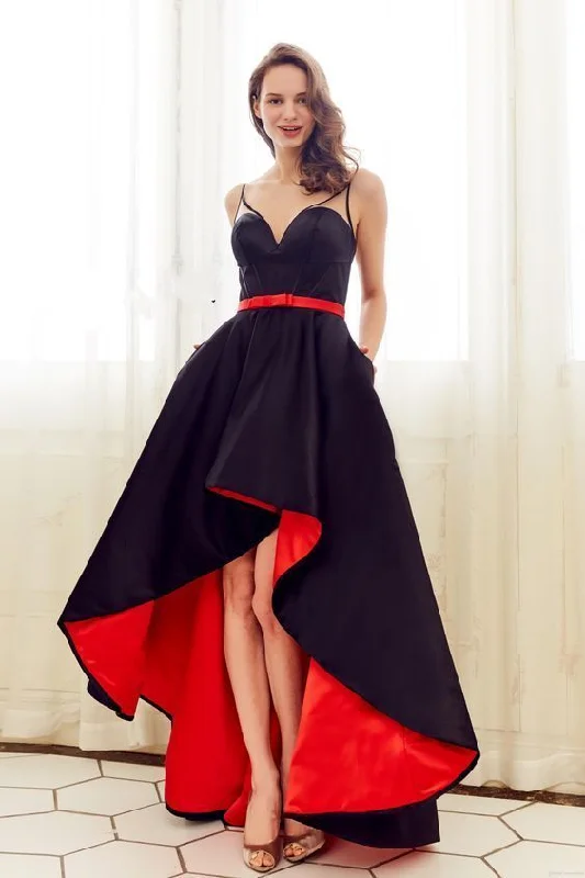 Modern Women's Clothes Subtle Sophistication Red Black High Low Prom Dresses With Sheer Straps Satin A line Short Front Long Back    cg14274