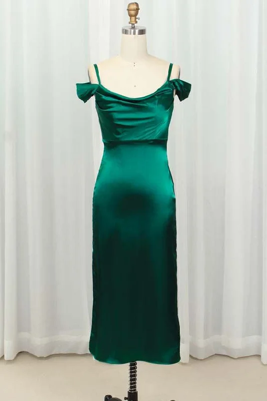 Women's Formal Event Attire Parisian Effortless Chic Style Straps Green Silk Satin Bodycon Midi Dress