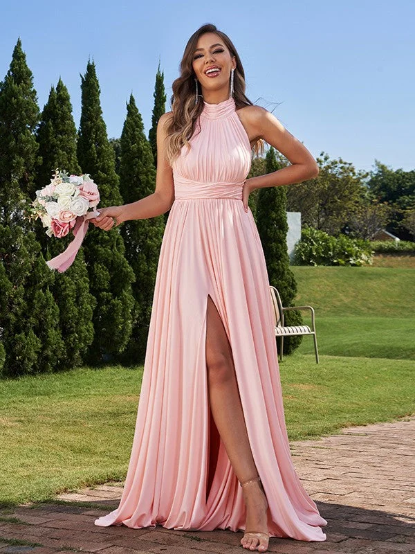 Women's Clothes For Work Feminine Grace A-Line/Princess Jersey Ruched Halter Sleeveless Floor-Length Bridesmaid Dresses