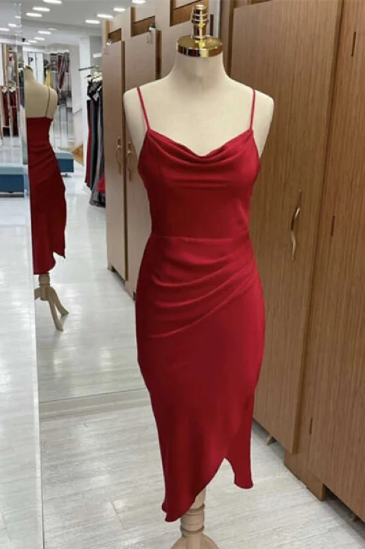 Women's Professional Attire Rustic Countryside Charm Look Red Cowl Neck Spaghetti Straps Bodycon Formal Dress