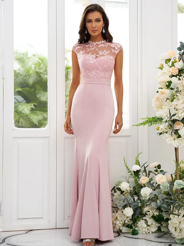 Women's Apparel And Garments Refined Simplicity Trumpet/Mermaid Stretch Crepe Applique High Neck Sleeveless Floor-Length Bridesmaid Dresses