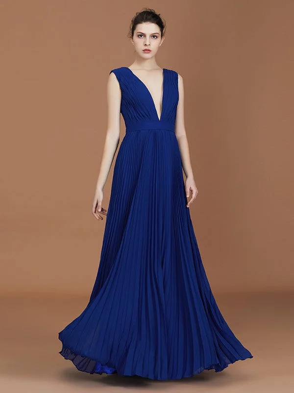 Women's Vintage Clothes Artful Design A-Line/Princess V-neck Sleeveless Pleated Floor-Length Chiffon Bridesmaid Dress