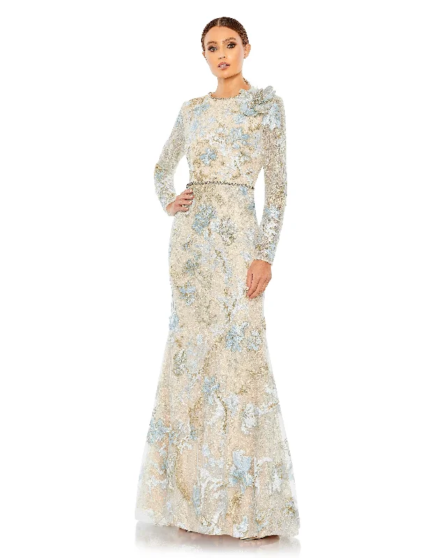 Charming Women's Outfit For Special Occasions Graceful Movement Mac Duggal 11174 Long Sleeve Floral Lace Formal Gown