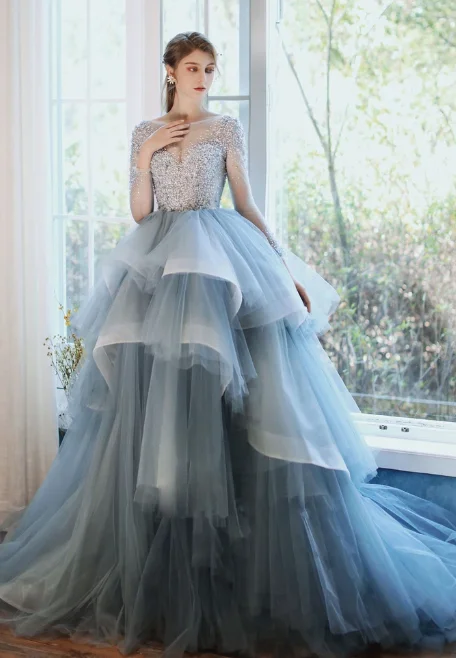 Women's Evening Garments BLUE ROUND NECK TULLE SEQUIN LONG PROM GOWN BLUE FORMAL DRESS  cg10033