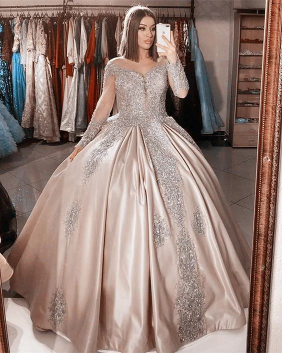 Women's Holiday Clothes Urban Sophistication prom long dresses elegant lace long sleeves quinceanera dresses champagne satin ball gown for sweet 16 birthday party  cg14791