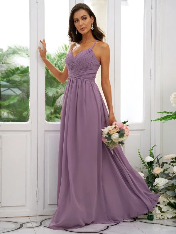 Women's Comfy Attire For Lounging Limited Quantities A-Line/Princess Chiffon Ruched V-neck Sleeveless Floor-Length Bridesmaid Dresses