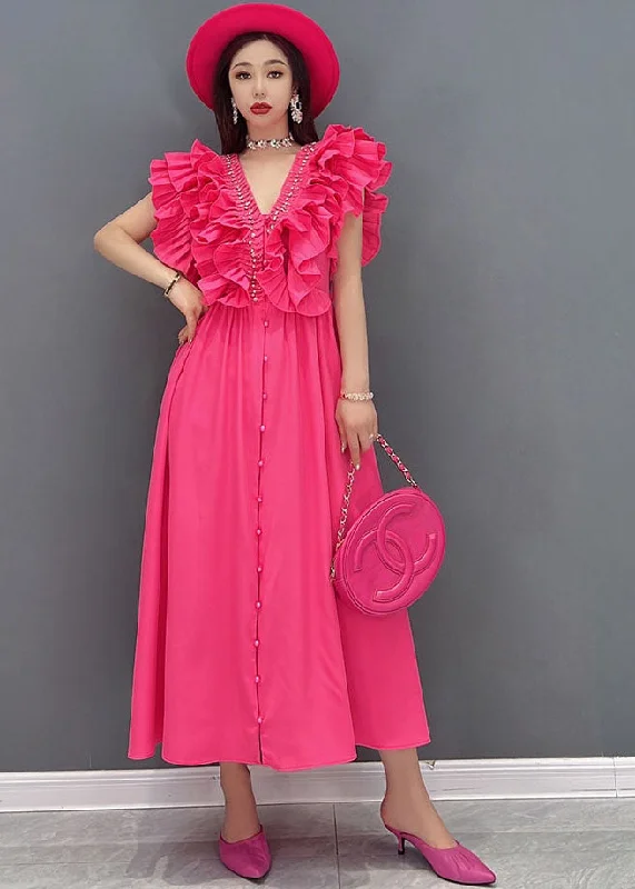 Women's Clothing Romantic Date - Night Ensemble Bohemian Red V Neck Ruffles Cotton Long Dresses Vestidos Sleeveless