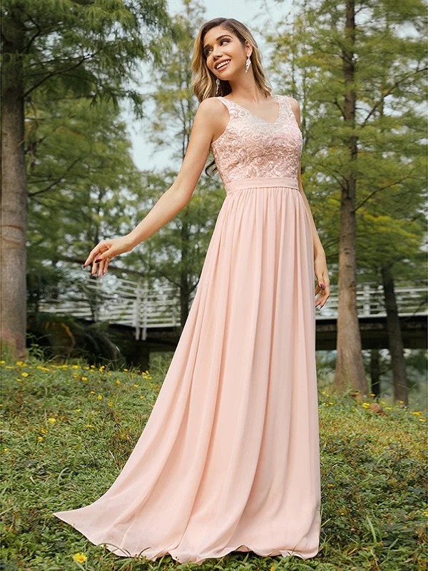 Sustainable Fashion Clothing For Women Lighten Up with Nordic Styles A-Line/Princess Chiffon Lace V-neck Sleeveless Floor-Length Bridesmaid Dresses