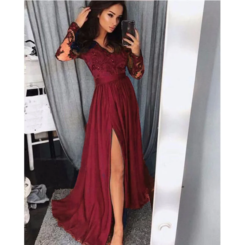 Women's Seasonal Clothes Soft Textures 2022 Long Sleeves Lace Applique Lace Long Prom Dresses Women Evening Party Gown LP821