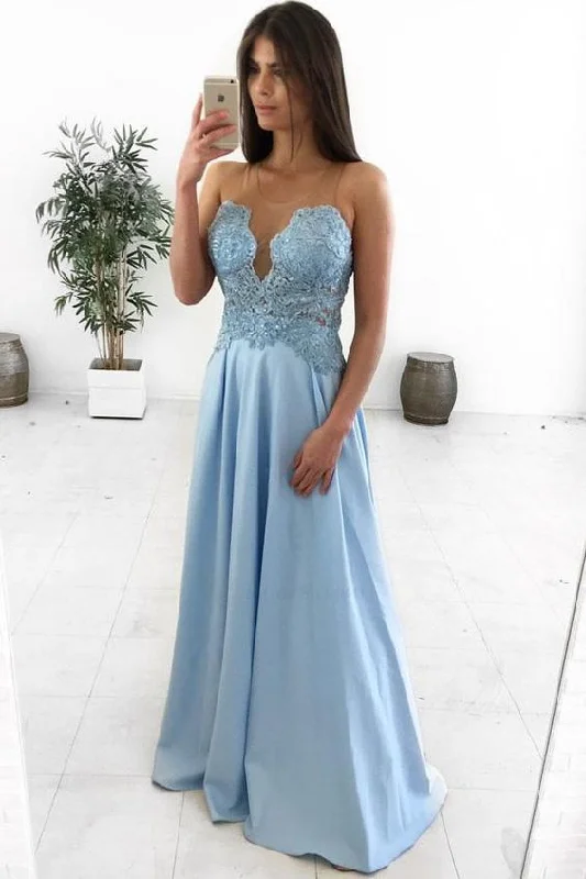 Women's Clothes And Apparel Sets Discounts on Casual Weekend Styles A-Line Illusion Round Neck Light Blue Satin Prom Dress with Appliques   cg15254