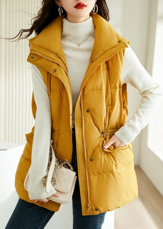 Women's Clothes For Outdoor Events Romantic Detailing Loose Yellow Zip Up Drawstring Cotton Filled Waistcoat Sleeveless